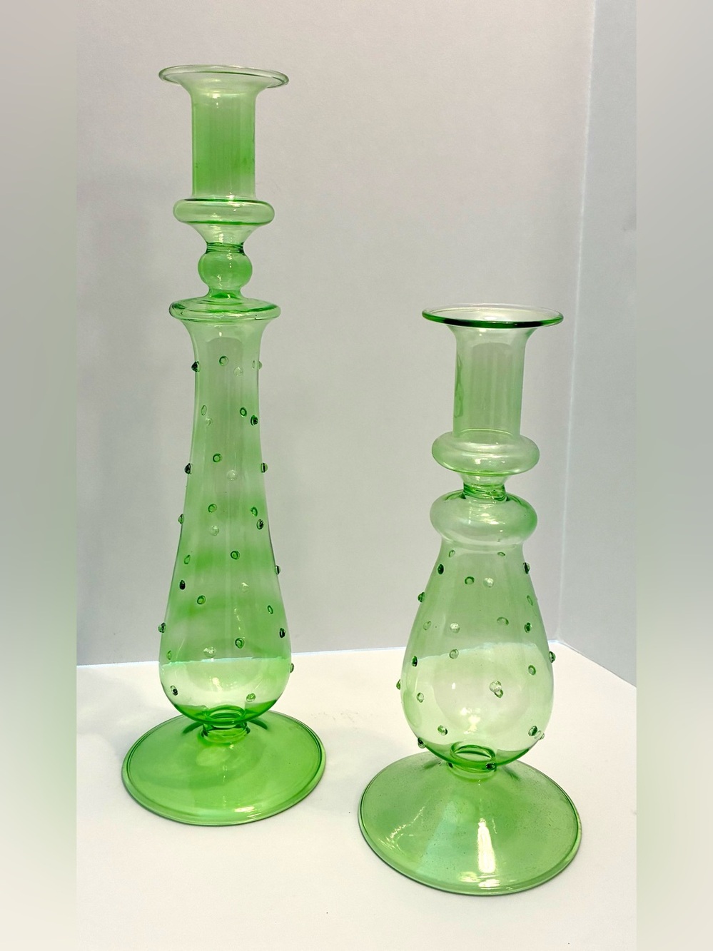 Handblown Green Glass Candlestick Holders for Taper/Dinner Candles
